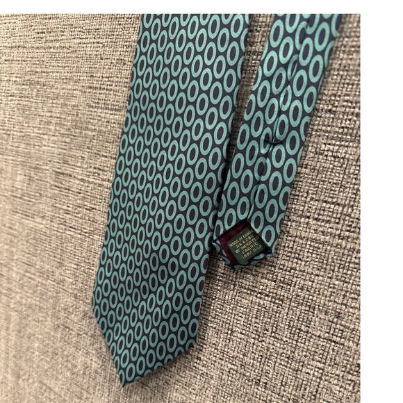 J. Crew 100% Silk Geometric Circle Pointed Neck Tie Teal Green Navy Abstract - Picture 3 of 5